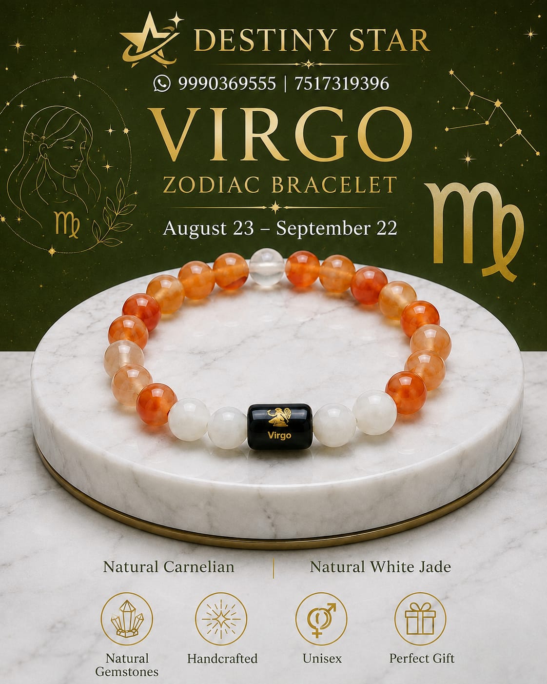 Virgo Zodiac Bracelet – Carnelian and White Jade By Destiny Star Stores