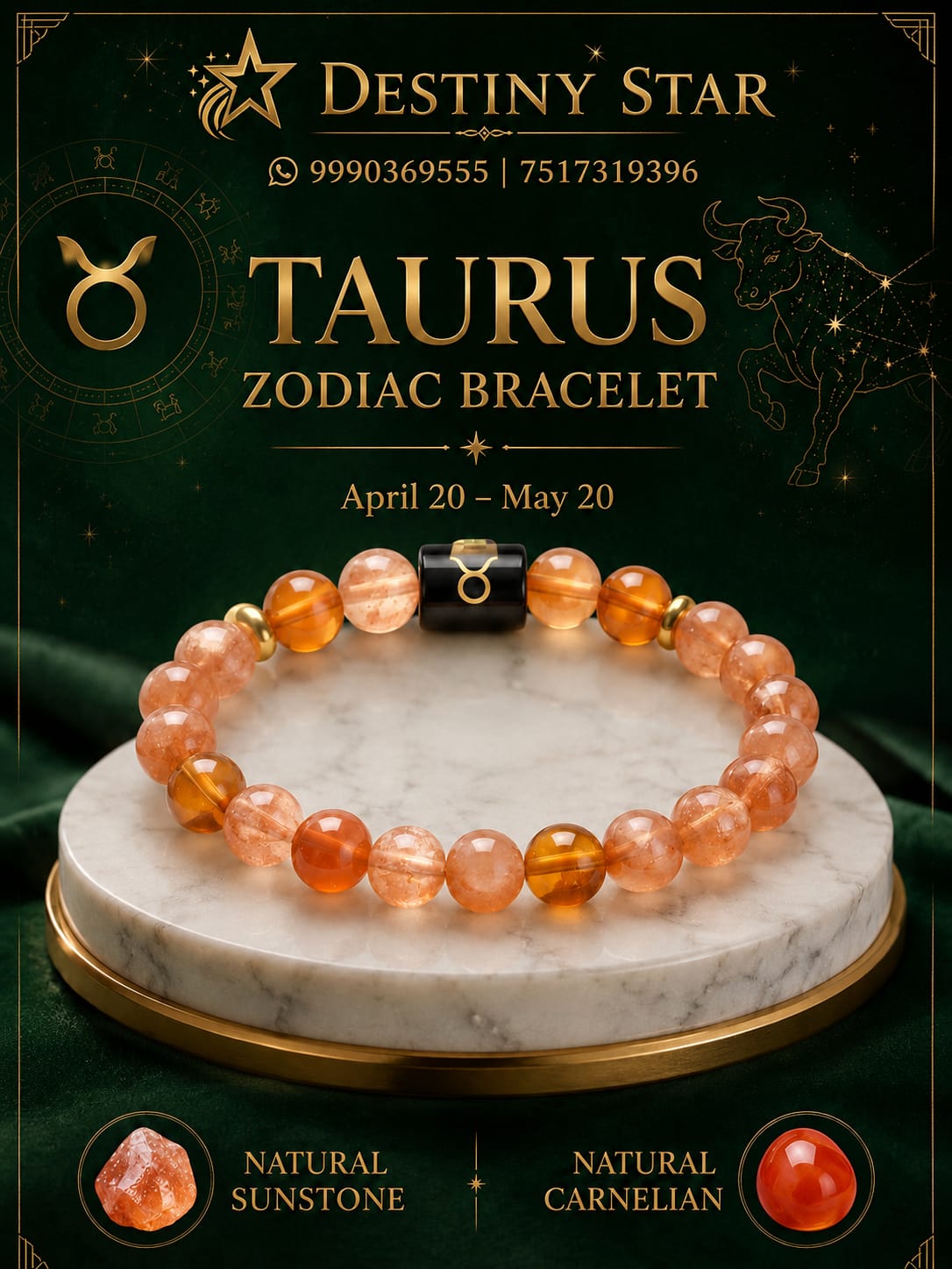 Taurus Zodiac Bracelet – Sunstone and Carnelian By Destiny Star Stores