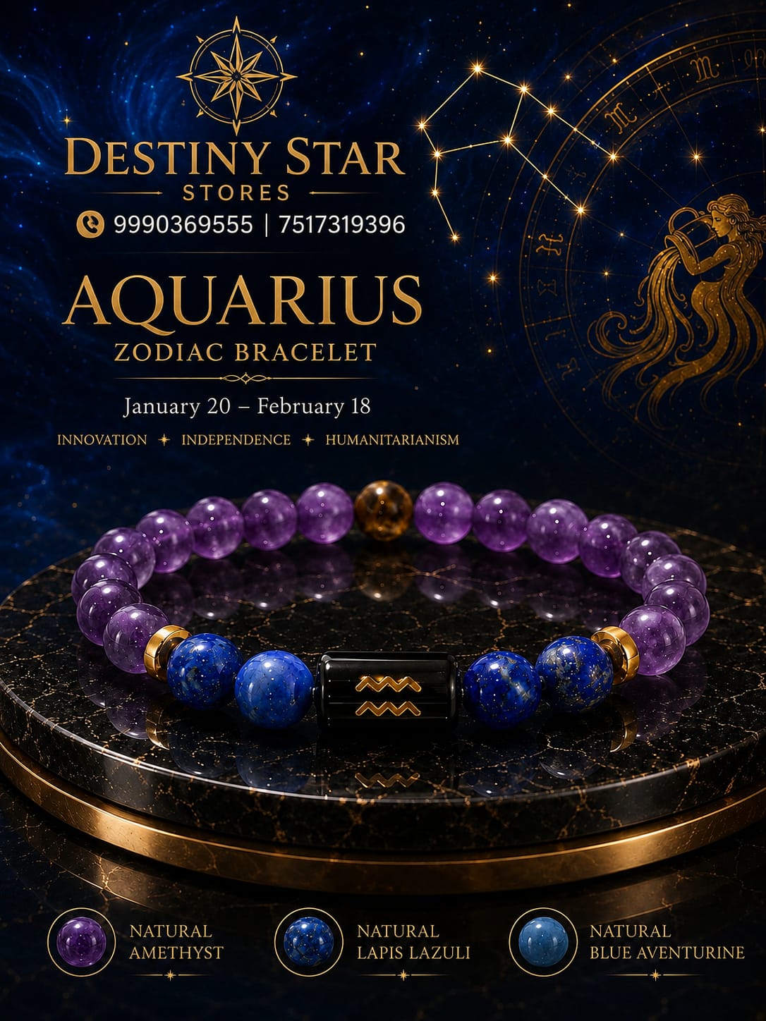 Aquarius Zodiac Bracelet – Amethyst, Lapis and Blue Aventurine By Destiny Star Stores