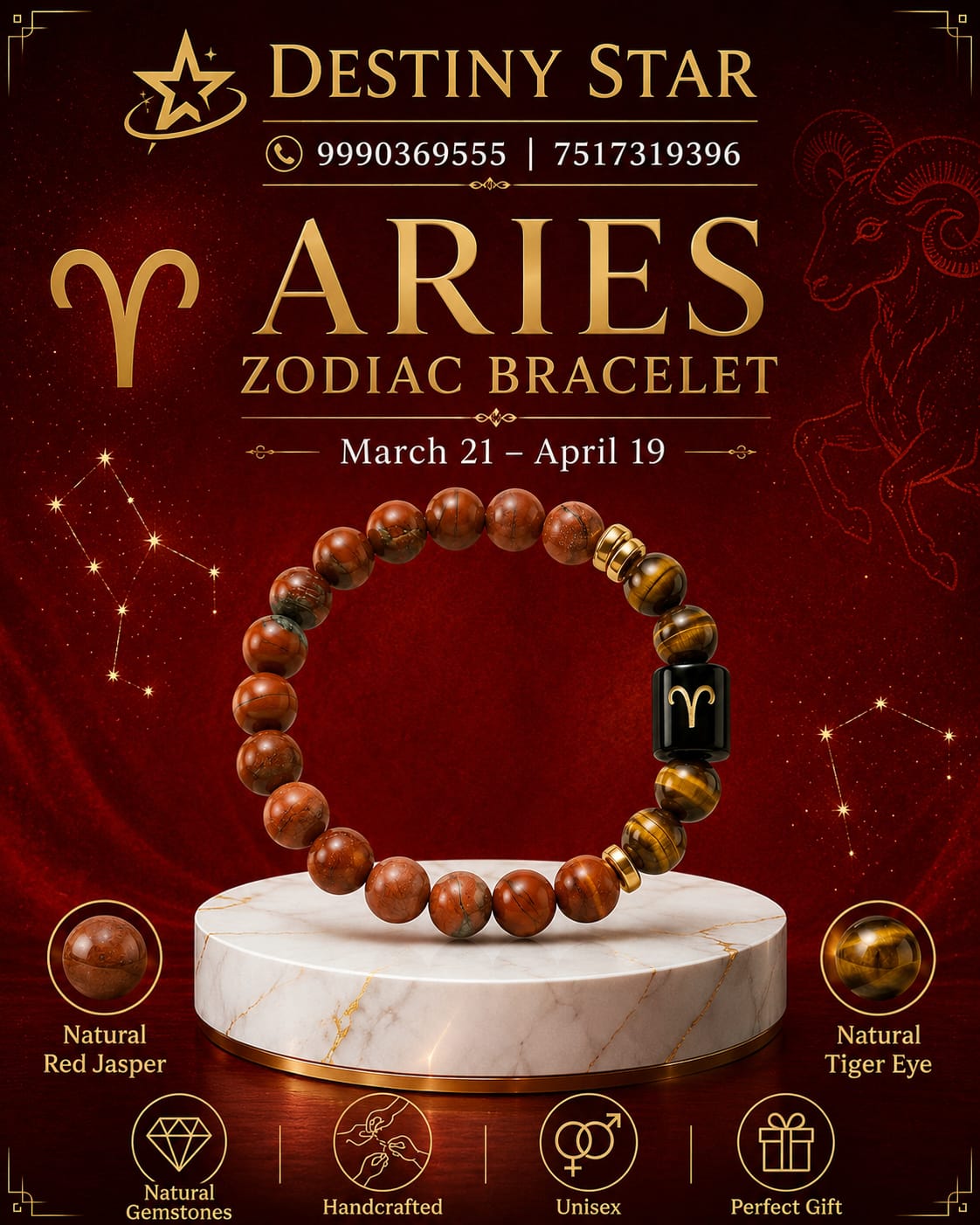 Aries Zodiac Bracelet – Red Jasper and Tiger Eye By Destiny Star Stores