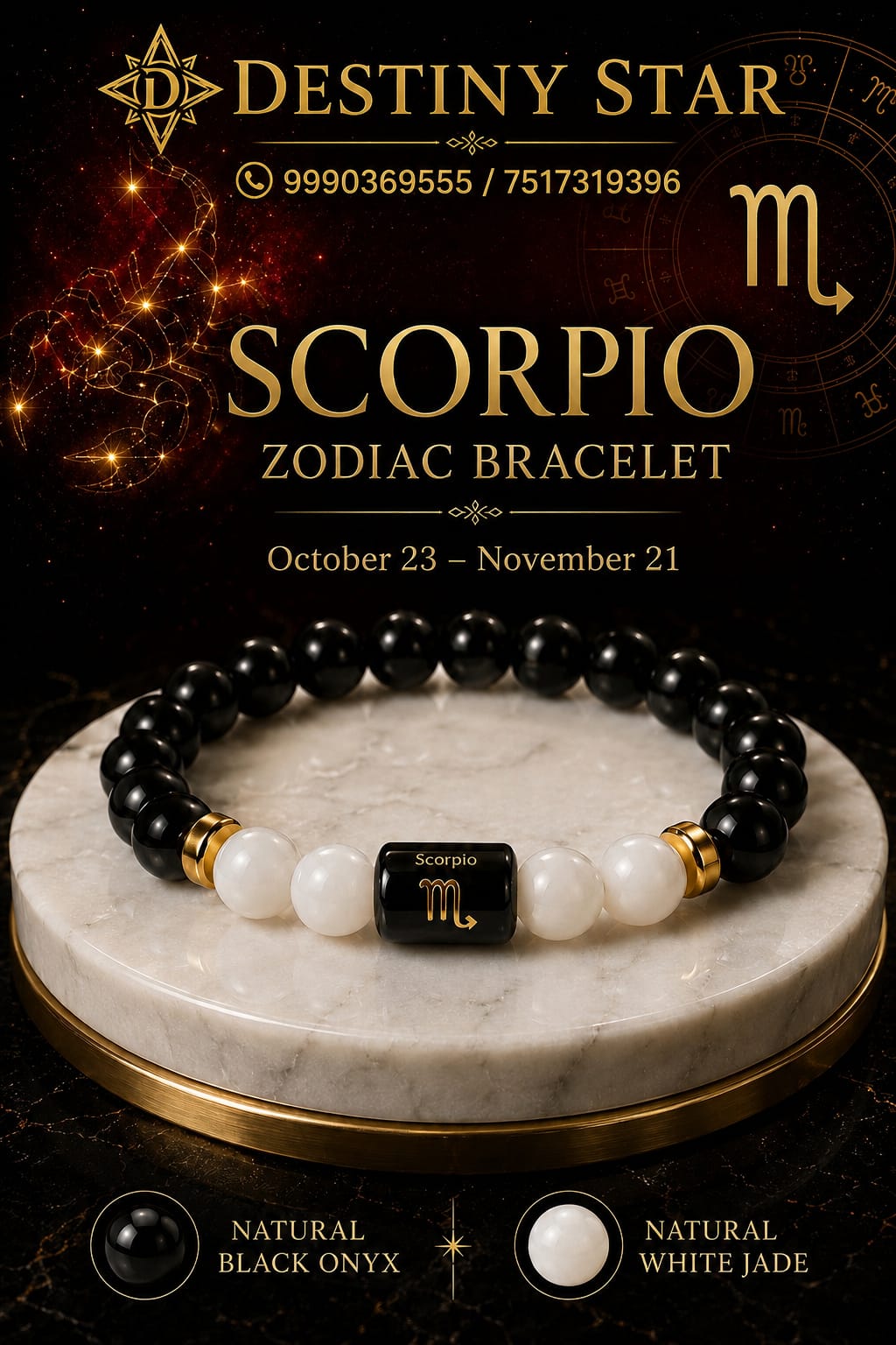 Scorpio Zodiac Bracelet – Black Onyx and White Jade By Destiny Star Stores