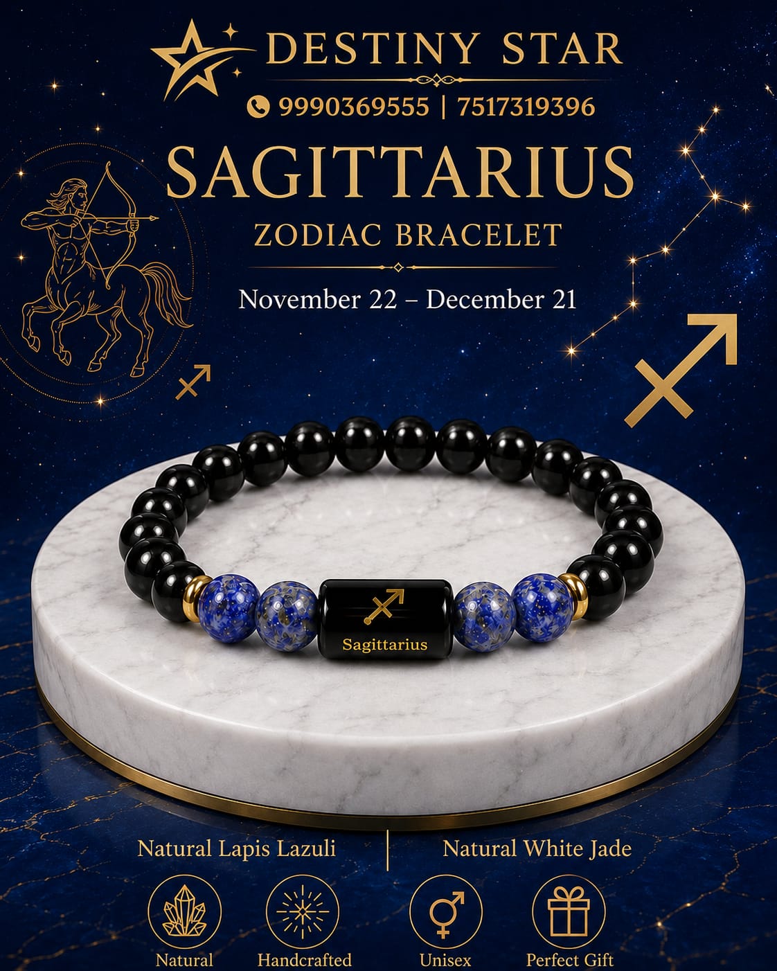 Sagittarius Zodiac Bracelet – Lapis Lazuli and White Jade By Destiny Star Stores