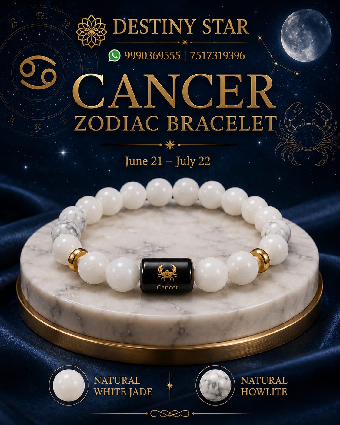 Cancer Zodiac Bracelet – White Jade and Howlite By Destiny Star Stores
