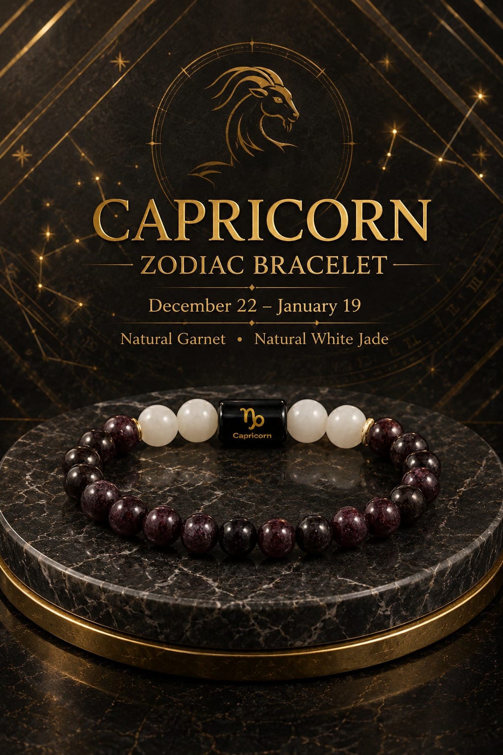 Capricorn Zodiac Bracelet – Garnet and White Jade By Destiny Star Stores