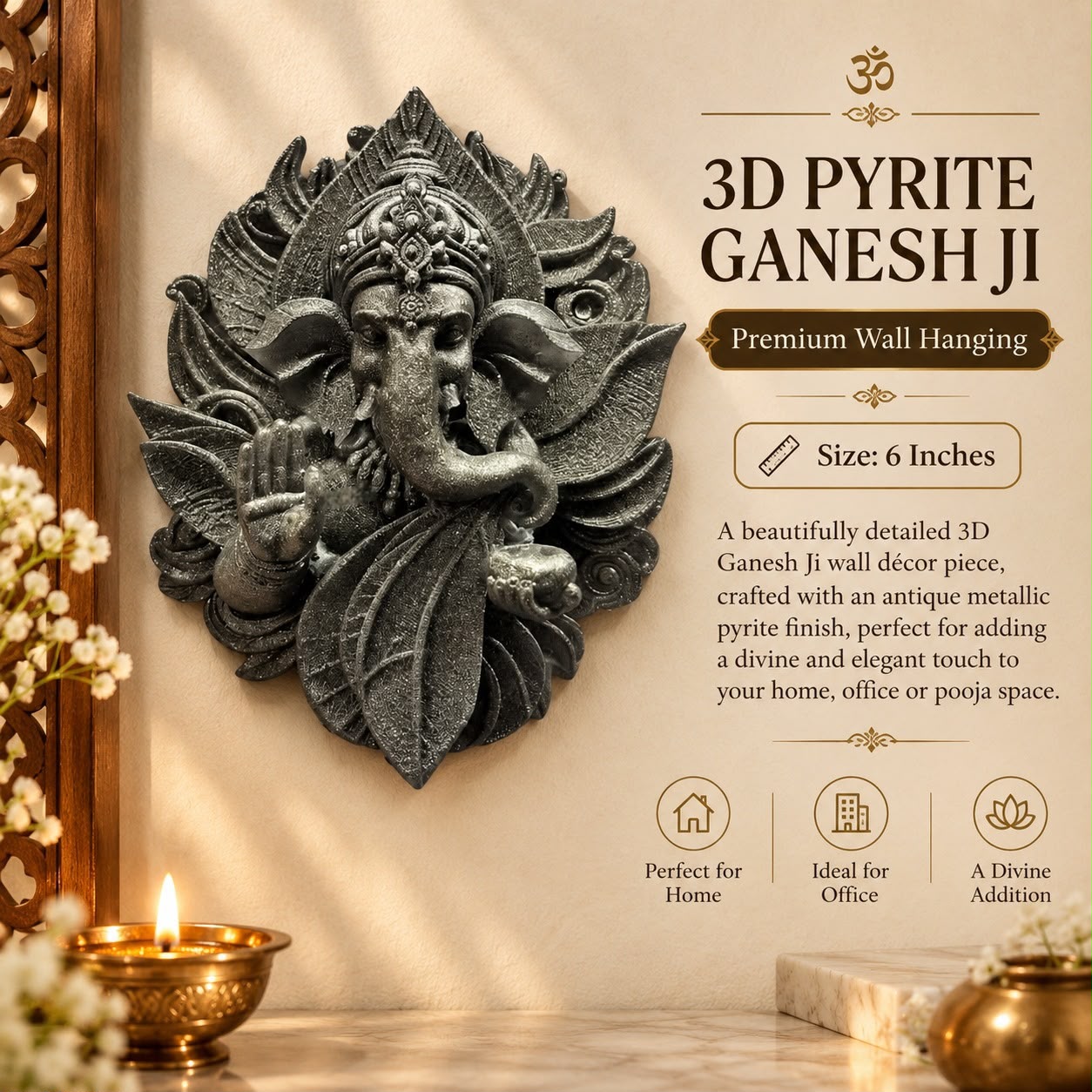 3D Pyrite Ganesh Ji Wall Hanging 6 Inch By Destiny Star Stores