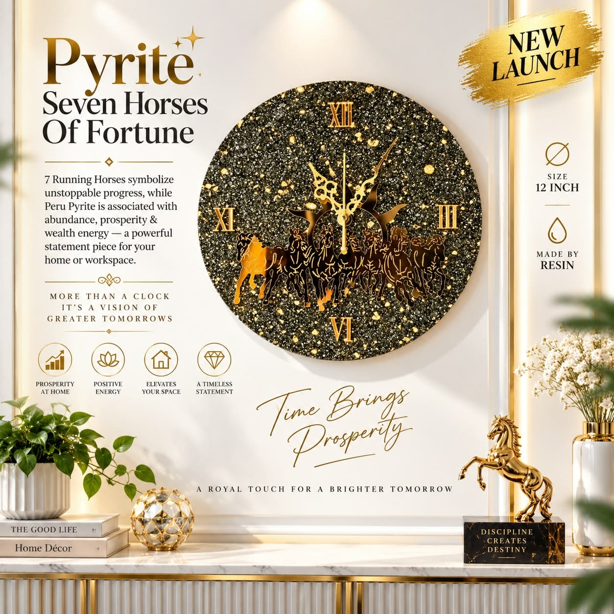 Pyrite Seven Horses Wall Clock 12 Inch By Destiny Star Stores