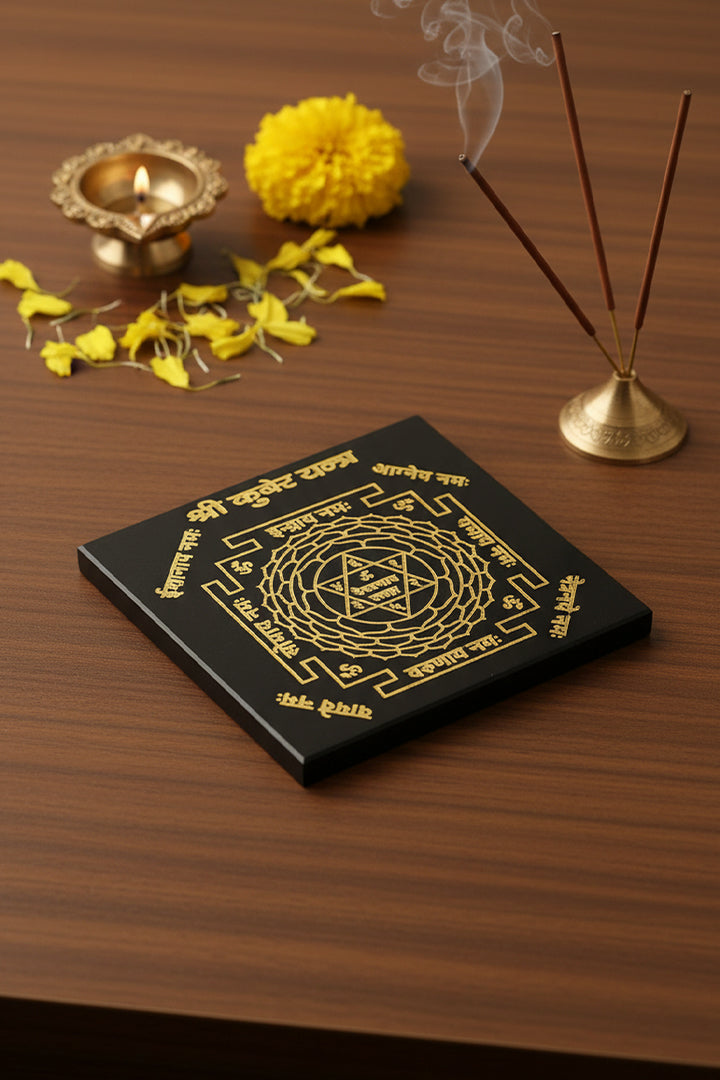 3 INCH - SHREE KUBER YANTRA BLACK OBSIDIAN CRYSTAL PLATE - Powerful Vastu remedy for prosperity activation