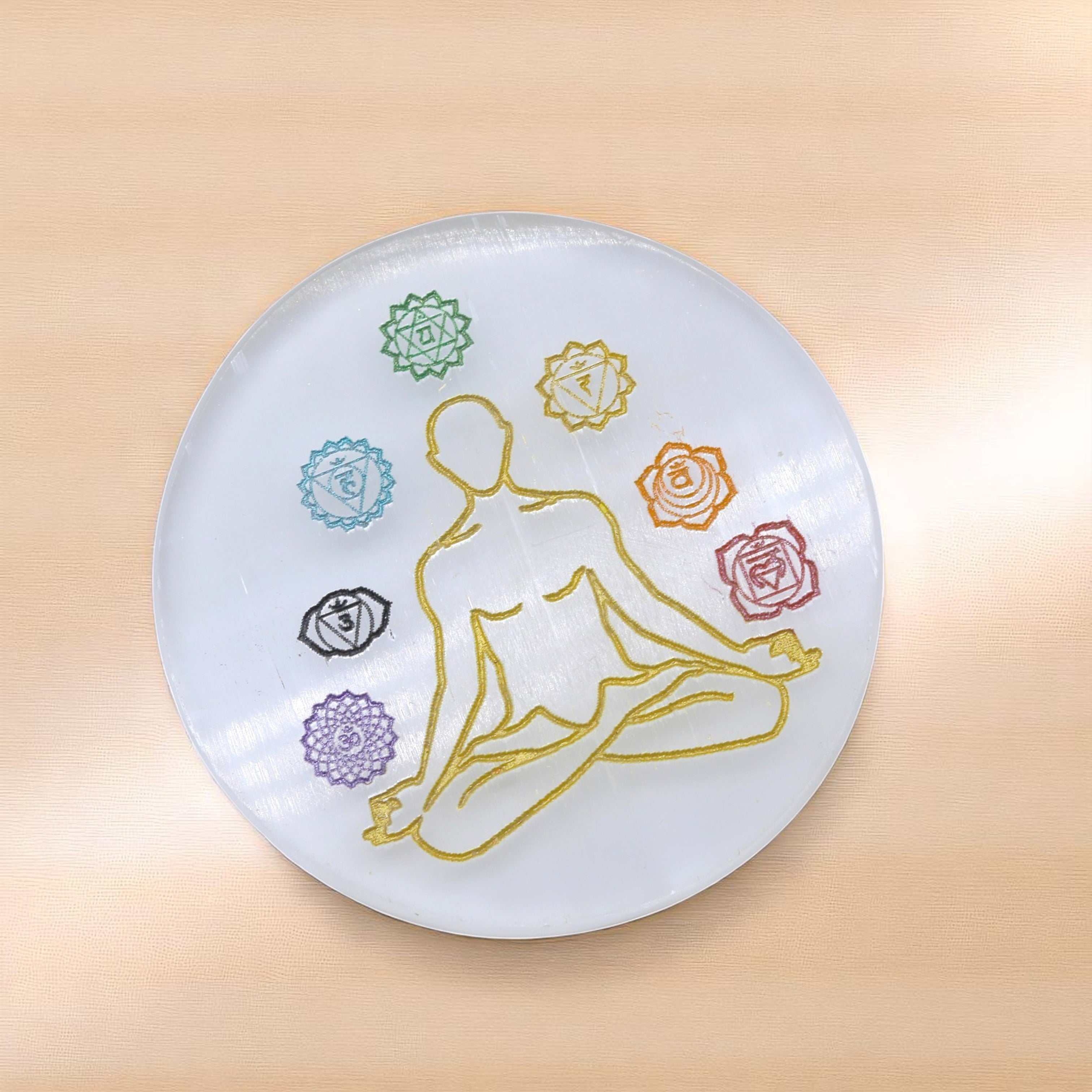 4 INCH - 7 CHAKRA CRYSTAL ROUND SELENITE PLATE - Creates a peaceful & high-vibration environment