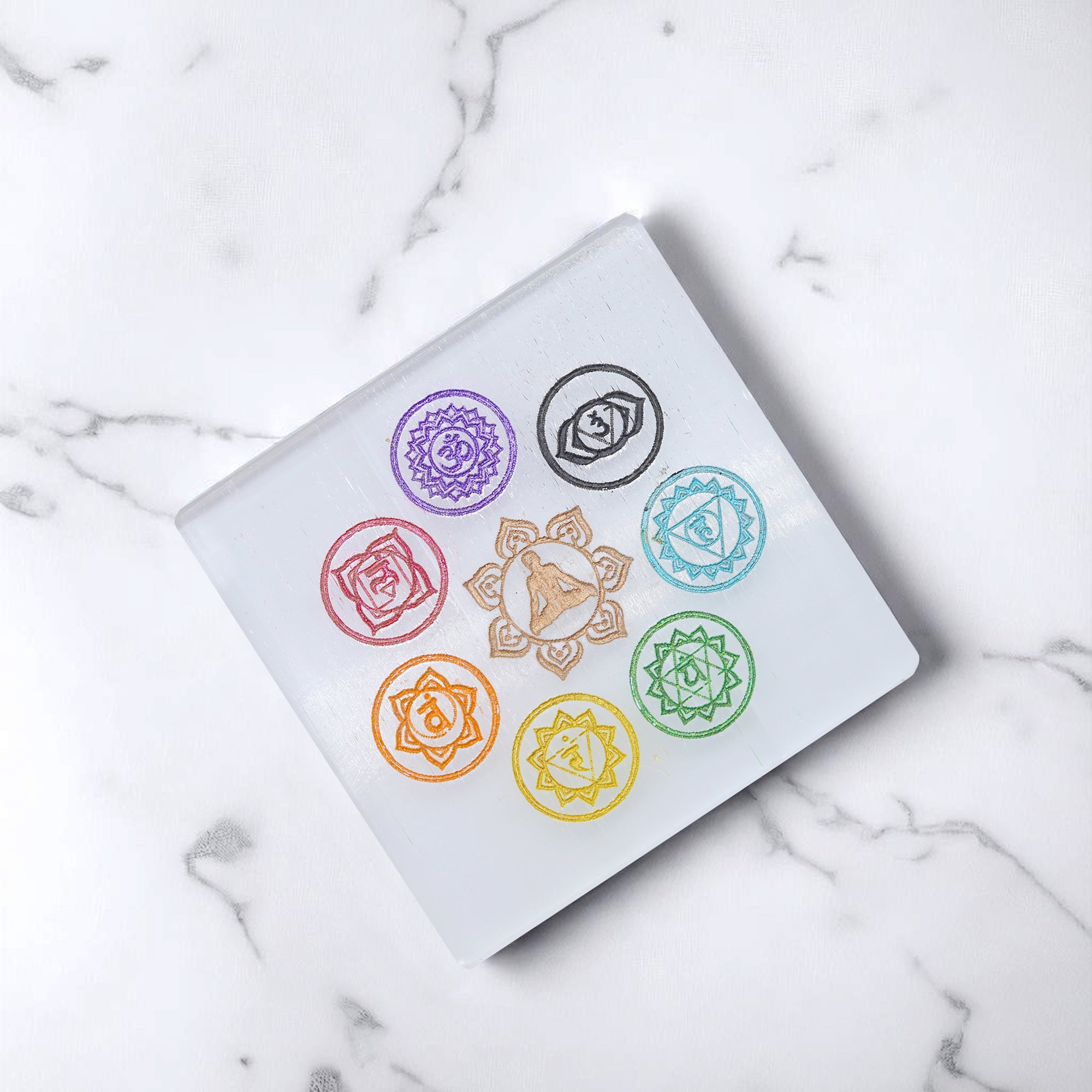 4 INCH - 7 CHAKRA SQUARE SELENITE CRYSTAL PLATE - Creates a peaceful, high-vibration environment