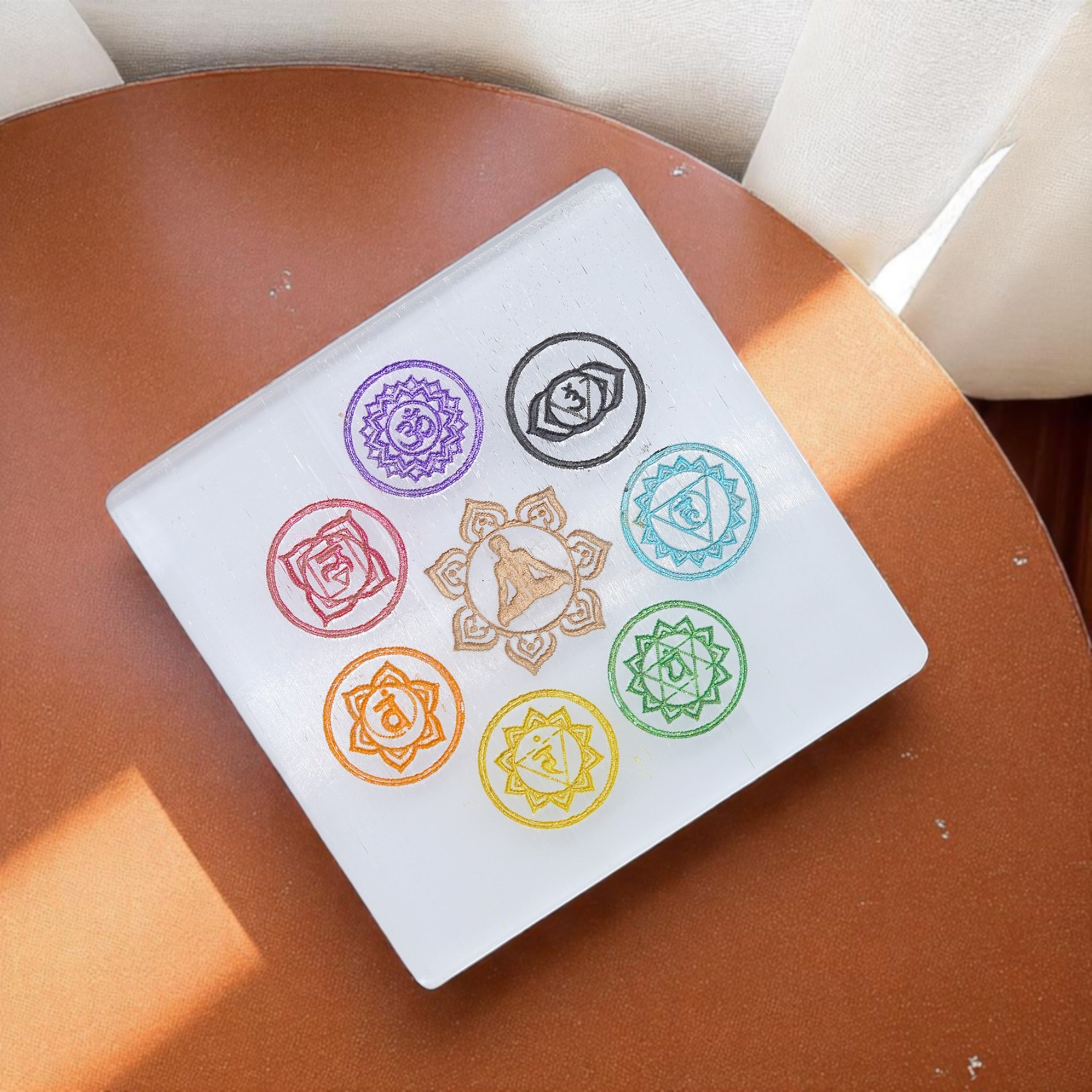 4 INCH - 7 CHAKRA SQUARE SELENITE CRYSTAL PLATE - Creates a peaceful, high-vibration environment