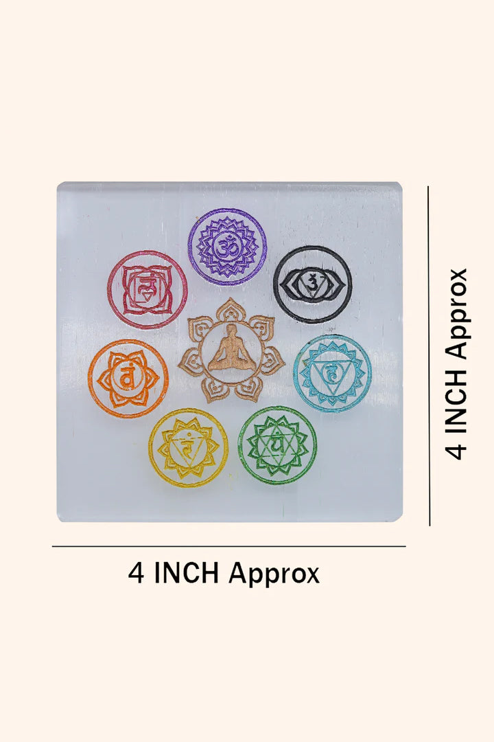 4 INCH - 7 CHAKRA SQUARE SELENITE CRYSTAL PLATE - Creates a peaceful, high-vibration environment