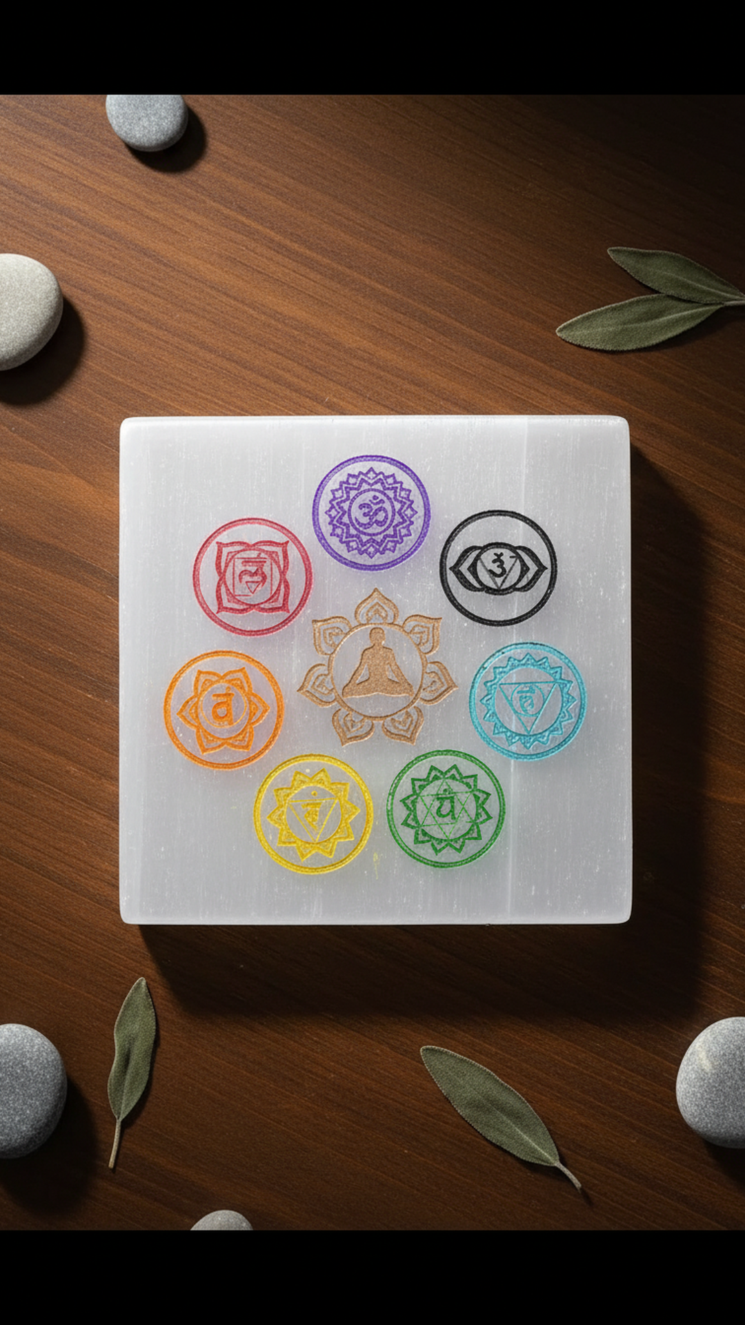 4 INCH - 7 CHAKRA SQUARE SELENITE CRYSTAL PLATE - Creates a peaceful, high-vibration environment