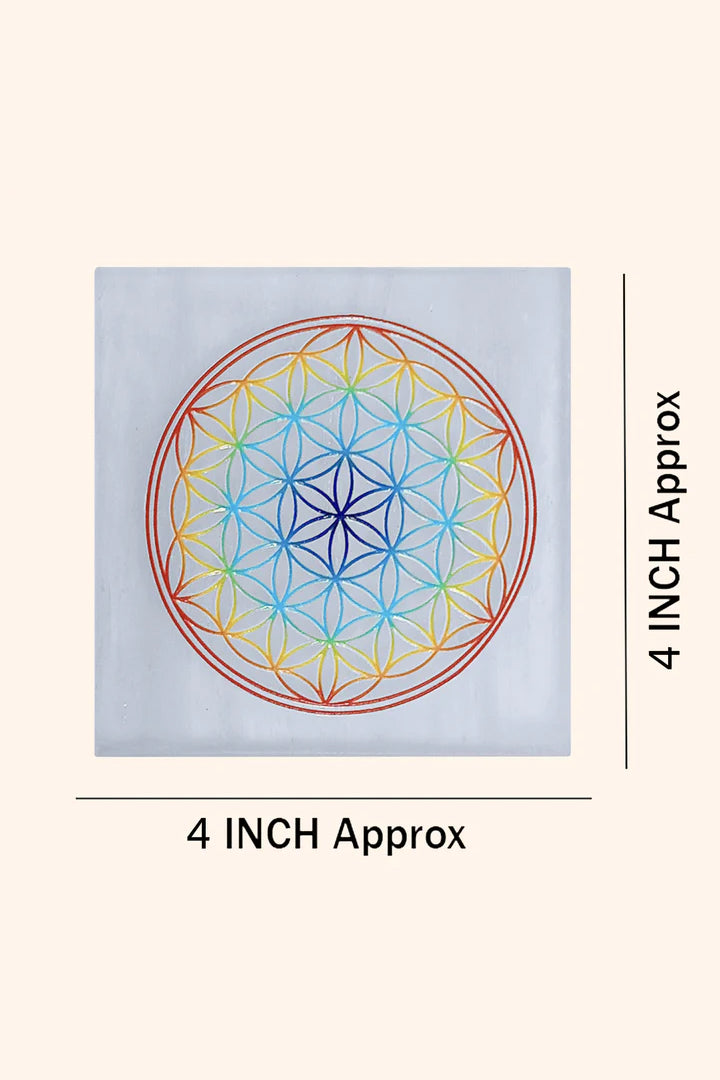 4 INCH - MANDALA COLOR SQUARE CRYSTAL SELENITE PLATE - Crystal charging & cleansing