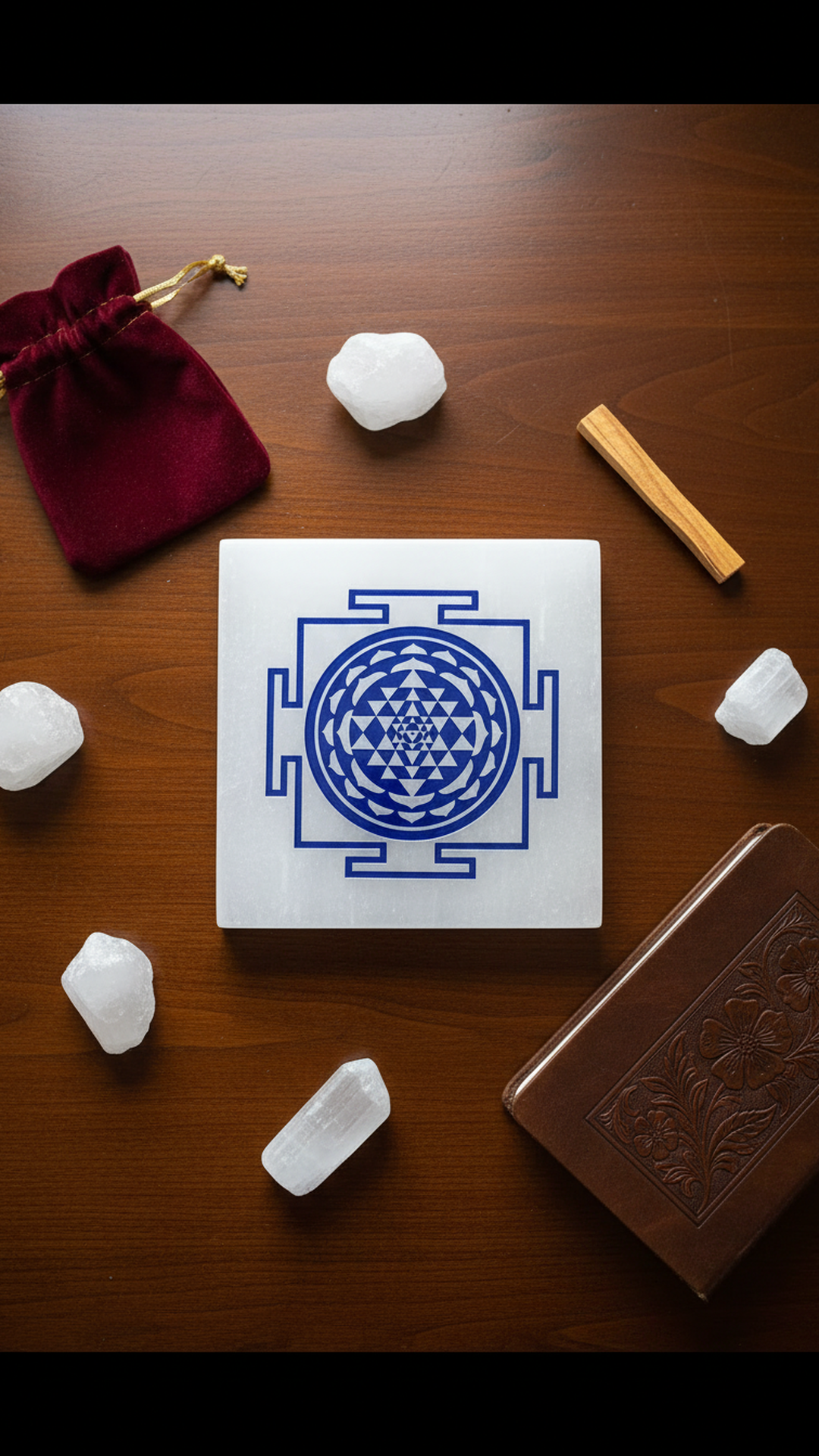 4 INCH - SHREE YANTRA BLUE SQUARE CRYSTAL SELENITE PLATE - Ideal for advanced healers & practitioners