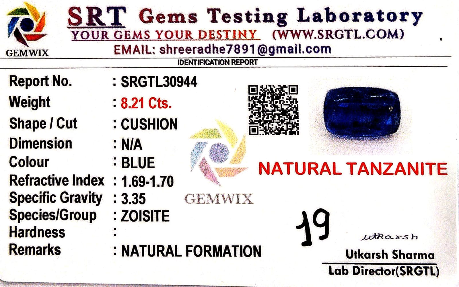 Natural Tanzanite | Cushion | SRT Certified No : SRGTL30944