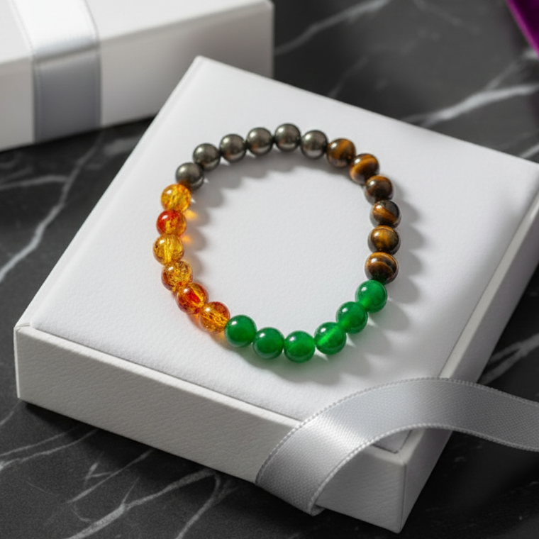 Money Magnet Bracelet – Pyrite, Tiger Eye, Carnelian & Green Jade Beads