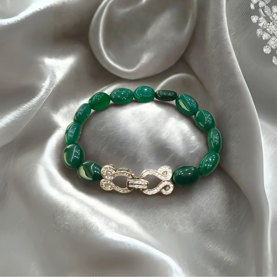GEMWIX Green Onyx Beaded Bracelet with Crystal-Studded Silver Infinity Clasp, Healing Stone Jewellery for Women