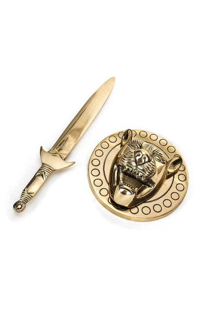 Destiny Star Stores BRASS LION WITH TALWAR STATUE