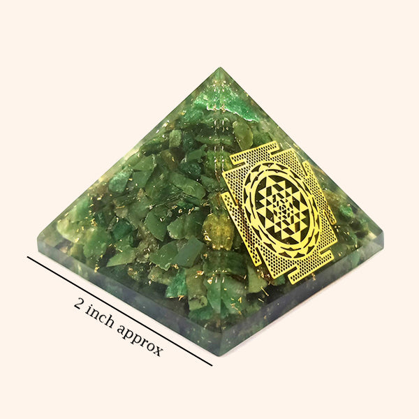 2 INCH GREEN MICA SHREE YANTRA CRYSTAL PYRAMID - Harmony  , Prosperity &  Divine Energy