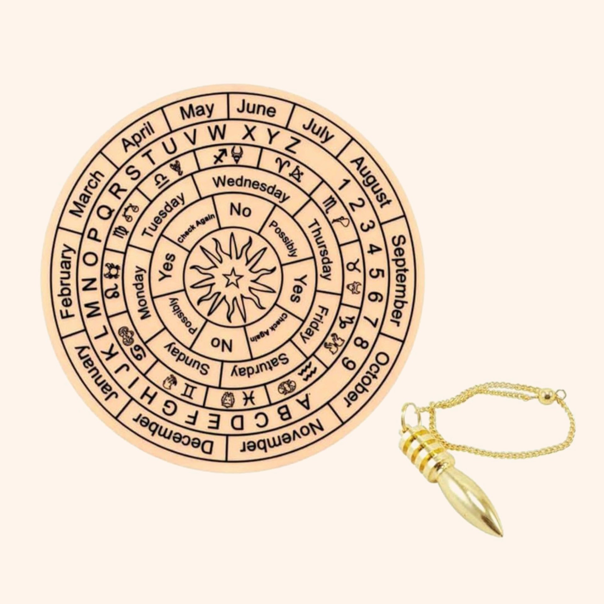 Destiny Star Stores DARK BROWN DOWSING BOARD WITH BRASS PENDULAM (PENDULAM ASSORTED) 6 INCH