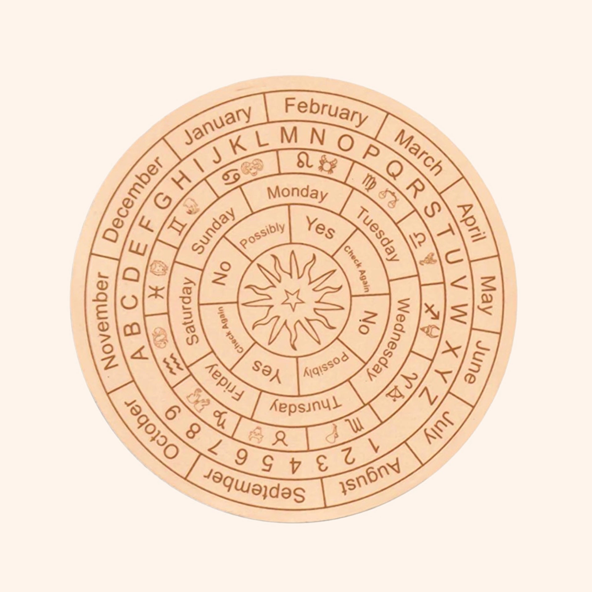 Destiny Star Stores LIGHT BROWN DOWSING BOARD WITH BRASS PENDULAM (PENDULAM ASSORTED) 6 INCH
