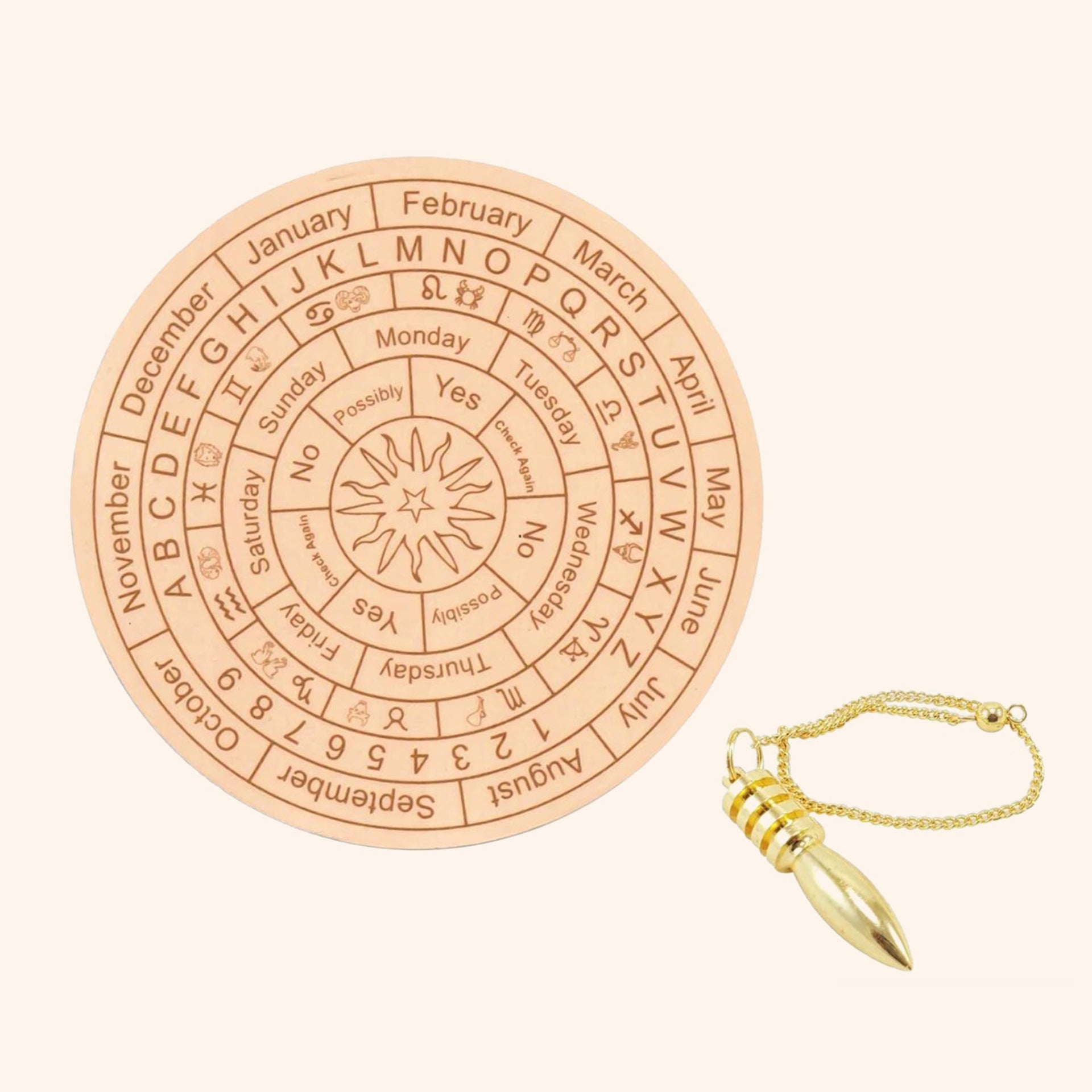 Destiny Star Stores LIGHT BROWN DOWSING BOARD WITH BRASS PENDULAM (PENDULAM ASSORTED) 9 INCH
