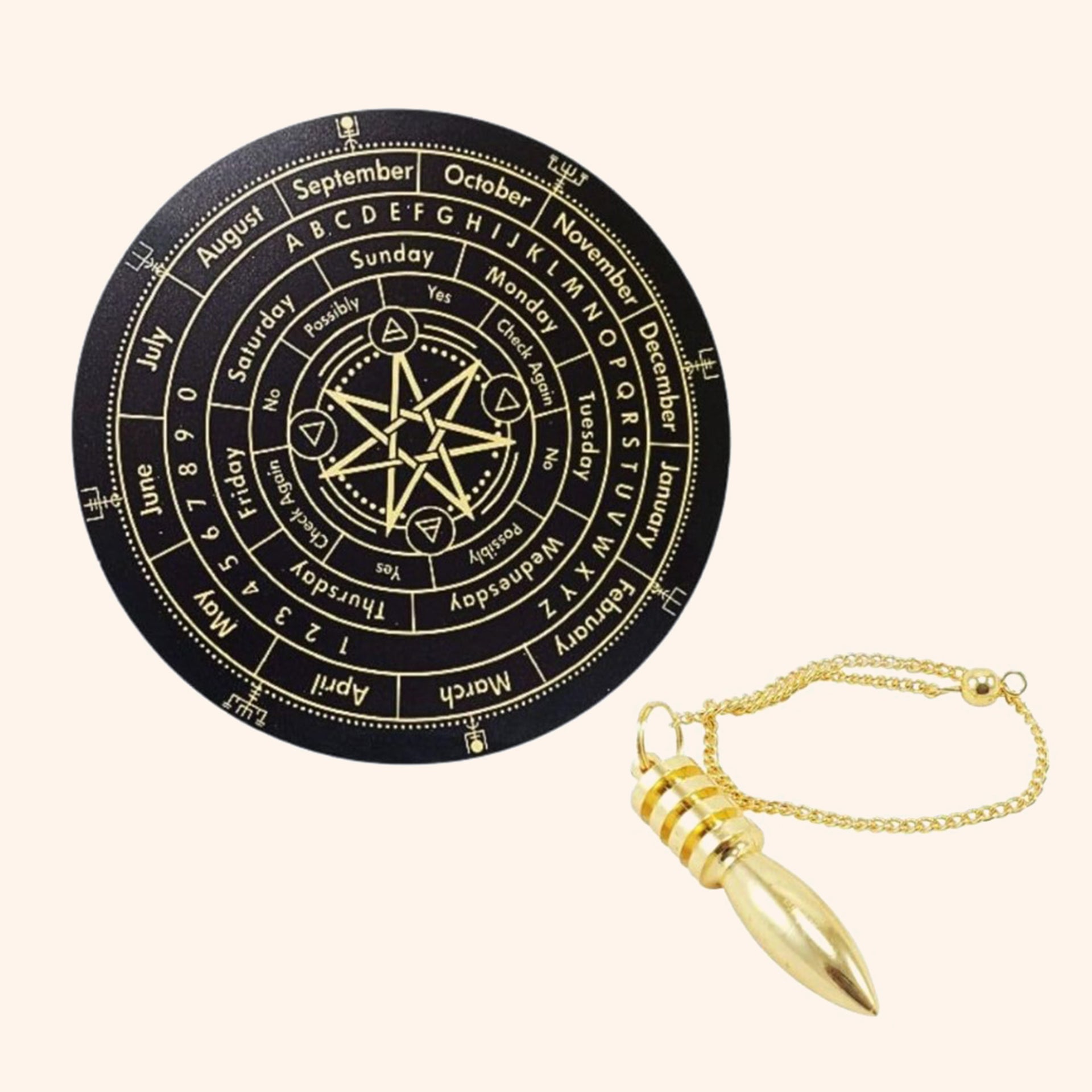 Destiny Star Stores SEVEN STAR DOWSING BOARD WITH BRASS PENDULAM (PENDULAM ASSORTED) 6 INCH