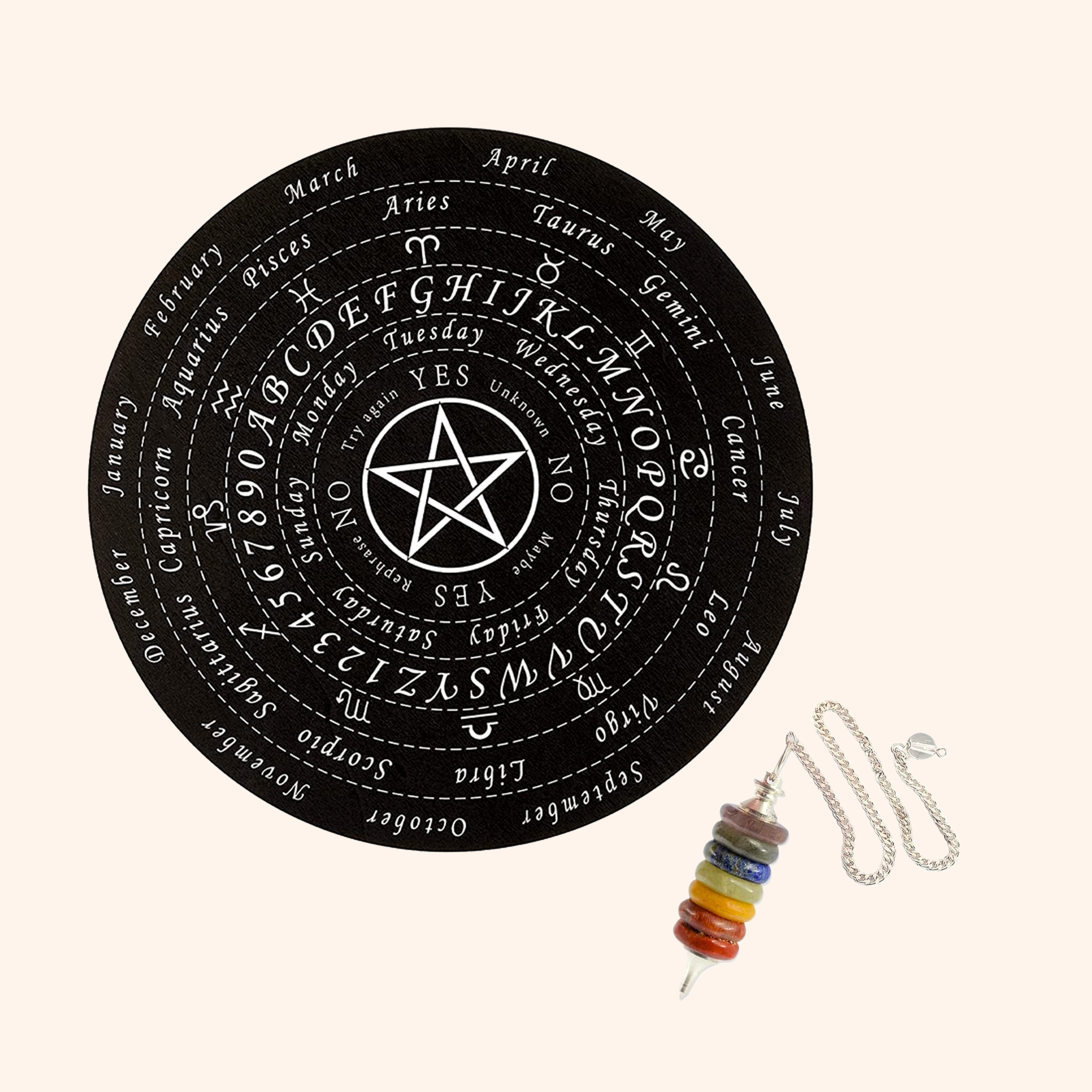 Destiny Star Stores STAR DOWSING BOARD WITH SEVEN CHAKRA PENDULAM 9 INCH