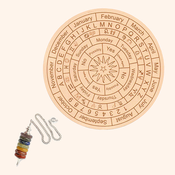 Destiny Star Stores LIGHT BROWN DOWSING BOARD WITH SEVEN CHAKRA PENDULAM 9 INCH