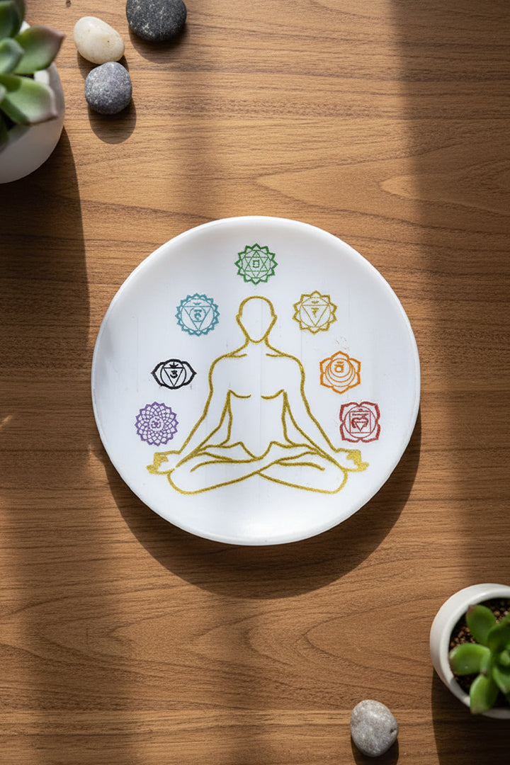 3 INCH - 7 CHAKRA CRYSTAL CHARGING SELENITE PLATE - Creates a peaceful & high-vibration environment