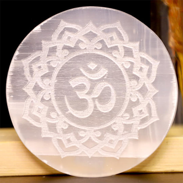 3 INCH - OM ROUND SELENITE CRYSTAL PLATE -