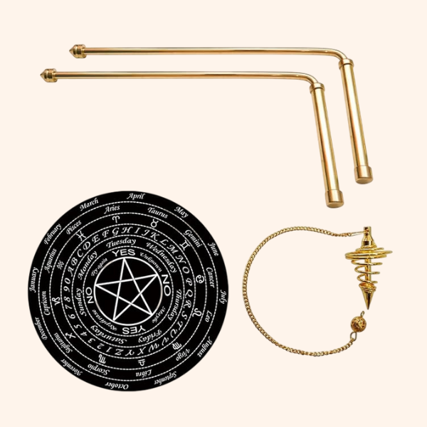 Destiny Star Stores BRASS DOWSING ROD PAIR 8MM SET OF BOARD AND PENDULAM ASSORTED