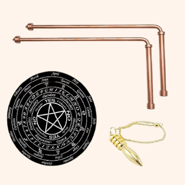 Destiny Star Stores COPPER DOWSING ROD WITH HANDLE PAIR 8MM SET OF BOARD AND PENDULAM ASORTED