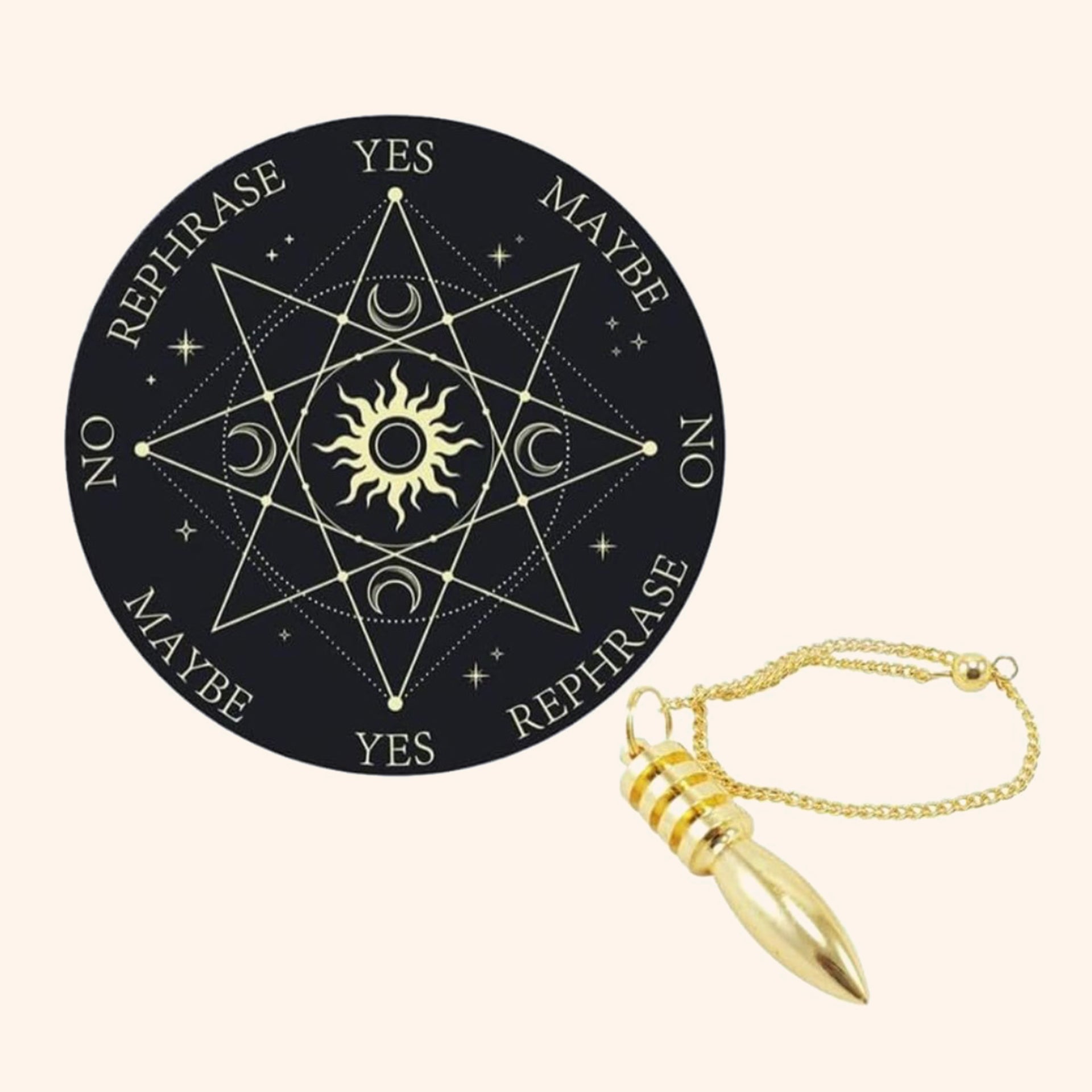 Destiny Star Stores SUN DOWSING BOARD 6 INCH WITH BRASS PENDULAM ASSORTED