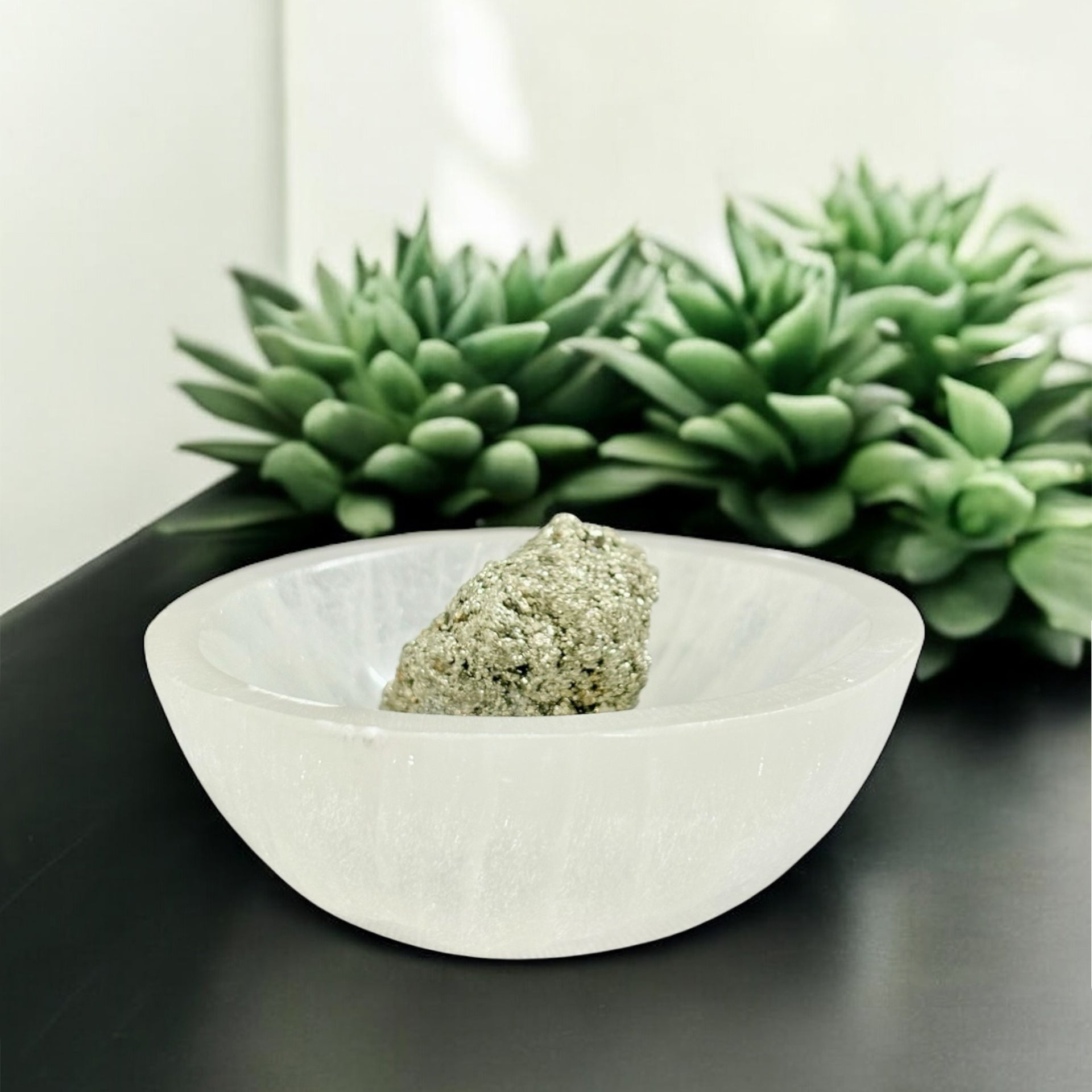 3 INCHES (ROUND SHAPE) - NATURAL SELENITE BOWL + 100 GM PYRITE STONE – Abundance & Energy Amplification Set